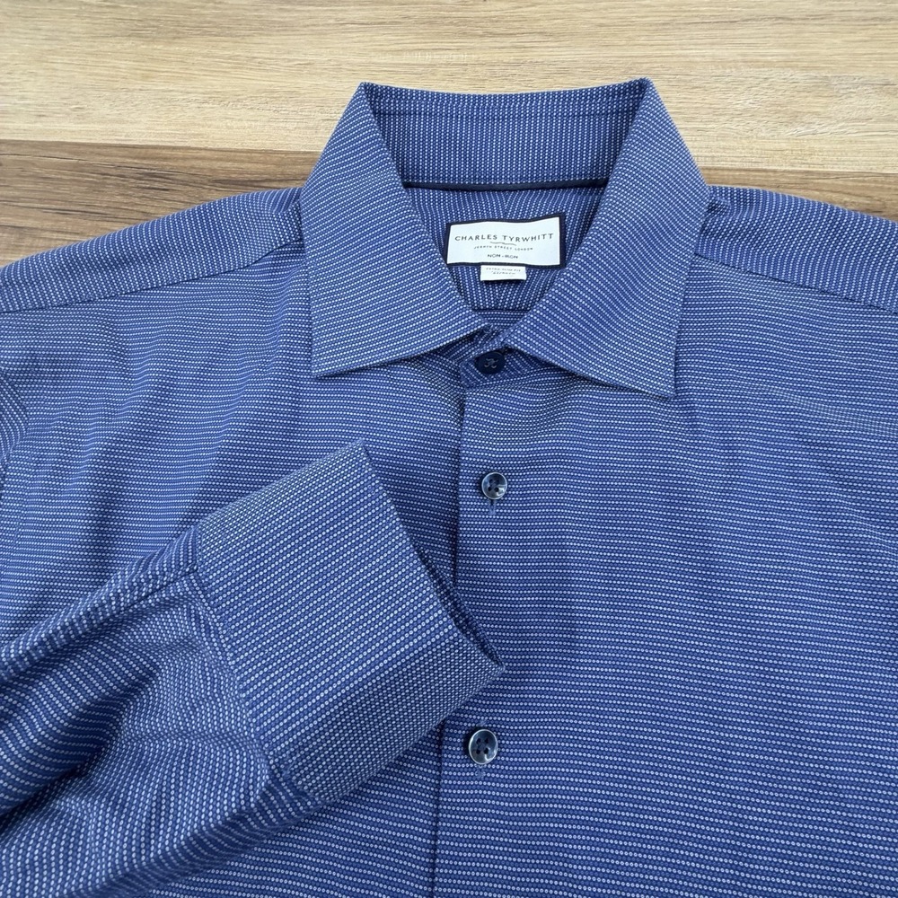 Charles Tyrwhitt Dress Shirt Mens 16.5 34 Blue Polka Dot Extra Slim Fit Non Iron